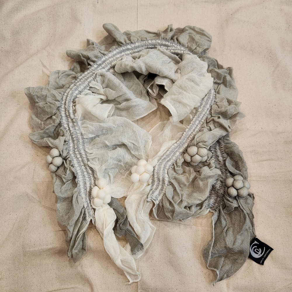 Paolo Cristante Ruffled Viscose Scarf Grey Cream Flowers Floral Italy Designer